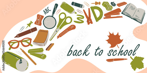 Modern flat background with school supplies. Vector simple background back to school.