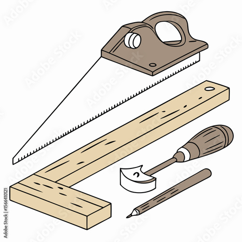 Carpenter tools set with saw chisel wood and pencil