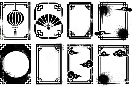 Asian frame and border set, oriental fan lantern, ink splatter, traditional chinese template, vintage design