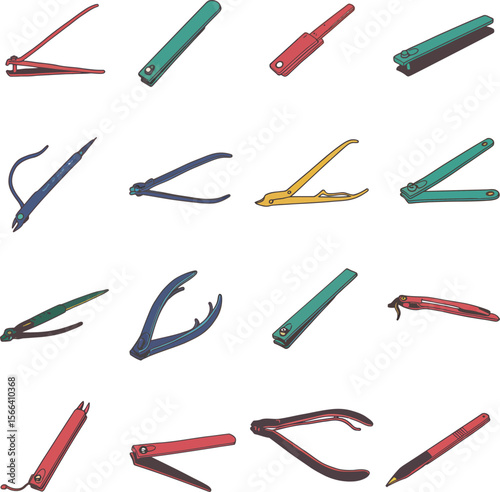 Manicure and Pedicure Tools Vector Illustration Set, Colorful Nail Clippers, Cuticle Nippers, and Files for Beauty Salon Concepts.