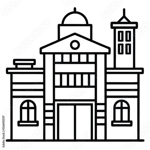 Iconic fire station façade line art vector design on white background