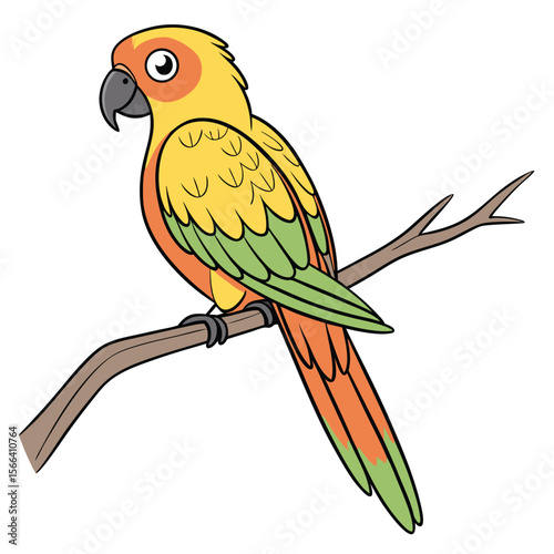 Cartoon sun conure parrot perched on a branch bird