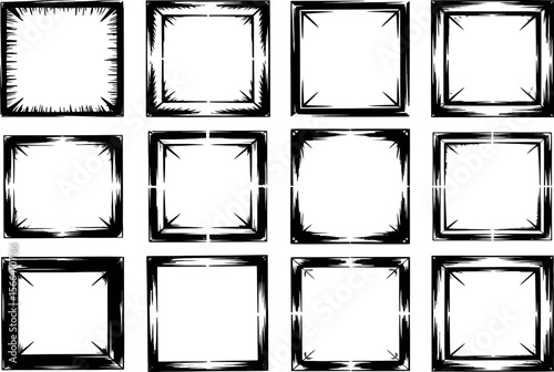 Distressed square frame, grunge border set, hand drawn ink, abstract art template, creative vector design