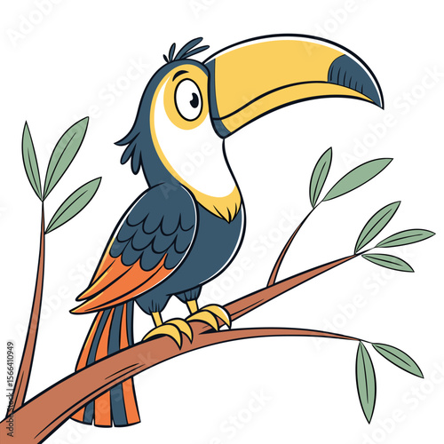Cartoon toucan perched on a branch with leaves bird