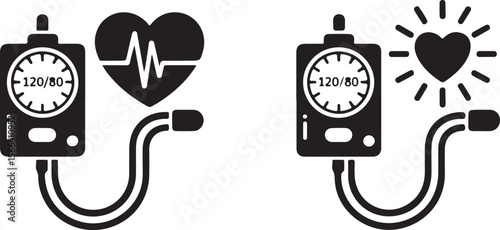 blood pressure monitor icon pair with heart and pulse symbols, black silhouette medical vector for cardiovascular diagnostics