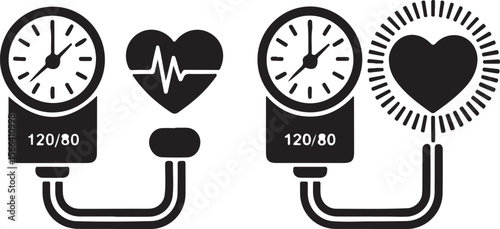 blood pressure monitor icon pair with heart and pulse symbols, black silhouette medical vector for cardiovascular diagnostics