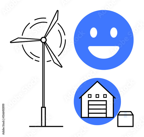 Wind turbine generating energy, smiling blue face representing positivity, and house with storage. Ideal for sustainability, renewable energy, eco-friendly living, positivity, green technology