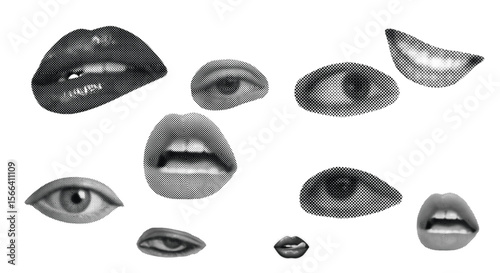 halftone effect eyes lips mouth smile , anger , love , shock , Surreal Black and White Collage of Eyes and Mouths