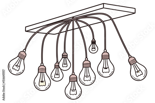 Cluster of hanging light bulbs with clean wires filament