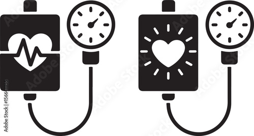 blood pressure monitor icon pair with heart and pulse symbols, black silhouette medical vector for cardiovascular diagnostics