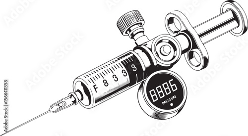 syringe pressure gauge device vector, vintage medical injection instrument with digital display and dosage scale