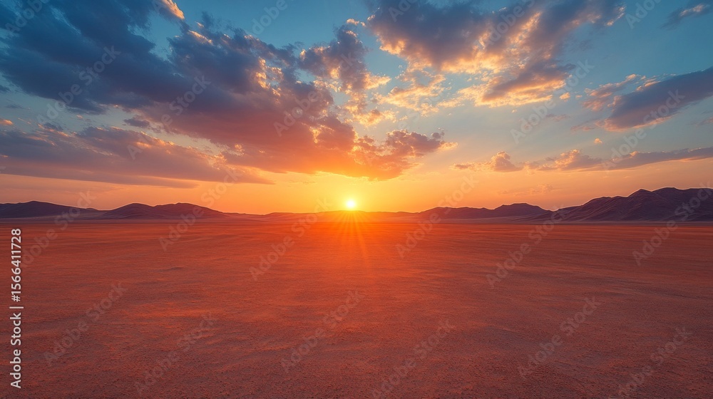 Fototapeta premium Sunset over desert with mountain landscape in the background. Suitable for articles about traveling and nature.