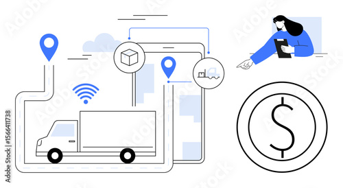 Delivery truck on a digital map, location pins, wireless signals, cargo crate, money symbol, and a person with a tablet. Ideal for logistics, supply chain, technology delivery e-commerce