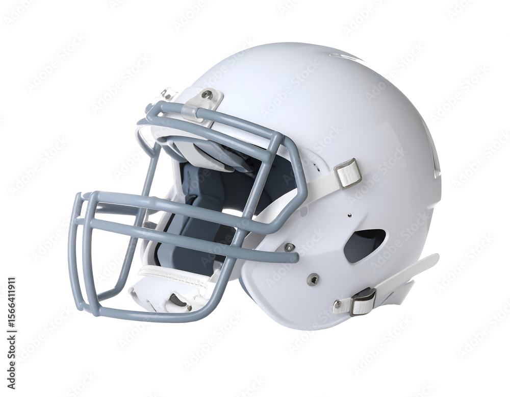 Fototapeta premium A pristine white athletic helmet with a grey faceguard stands ready for intense competition.