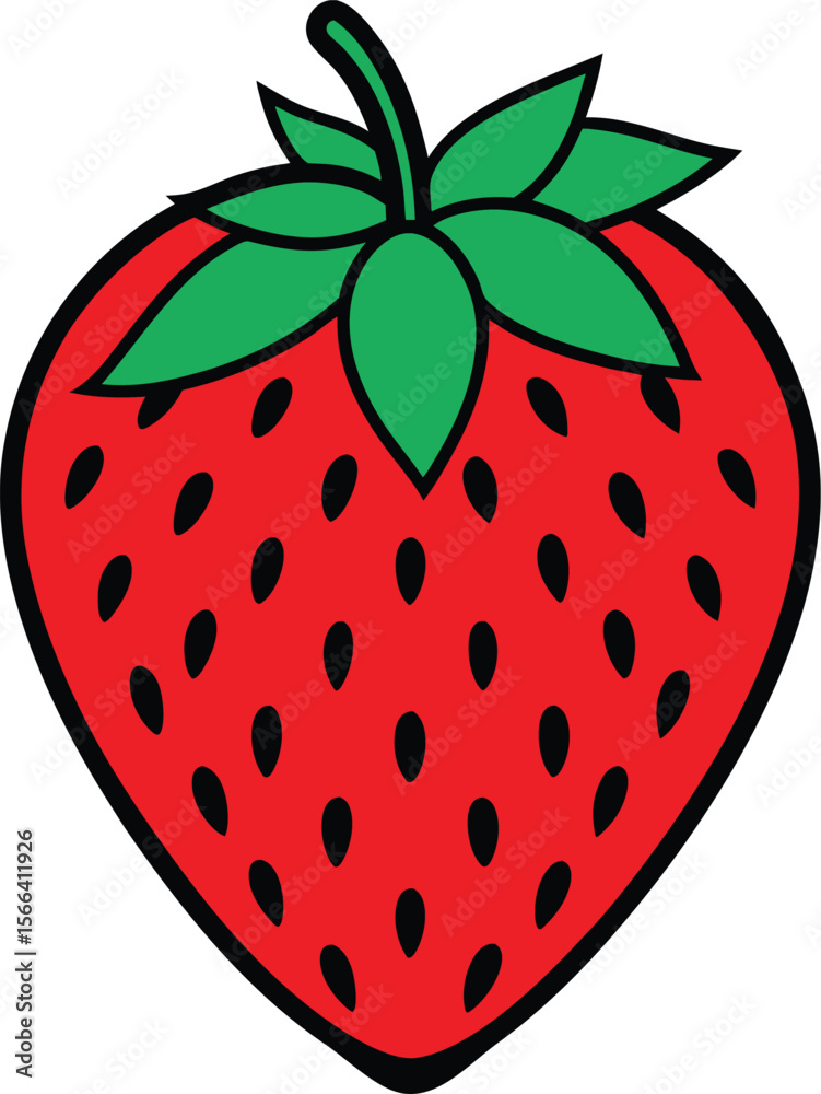 Obraz premium red strawberry with green leaves and black seeds vector