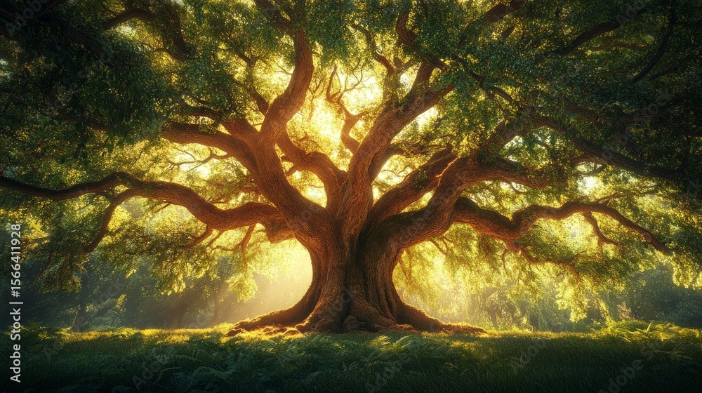 Fototapeta premium A majestic tree with a thick crown, illuminated by sunlight in the forest. Suitable for articles about nature, ecology and travel.