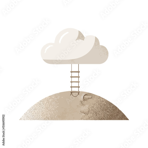 Floating Beige Cloud with Rope Ladder Over Textured Hill, Calm Vector