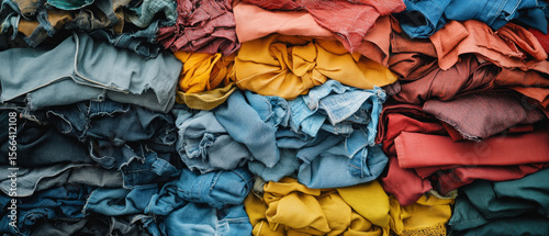 Colorful fabrics in a pile, background for design projects and textile advertising.