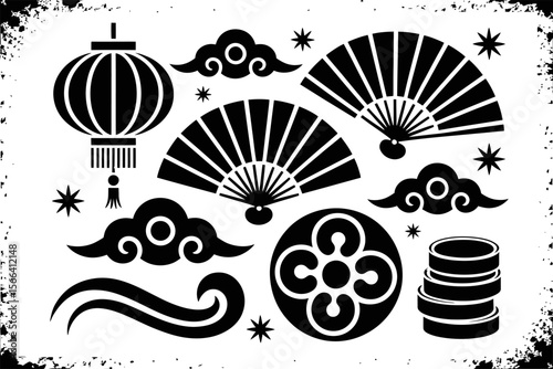 Chinese lantern and fan set, grunge festival icon, oriental border, traditional culture, vector elements