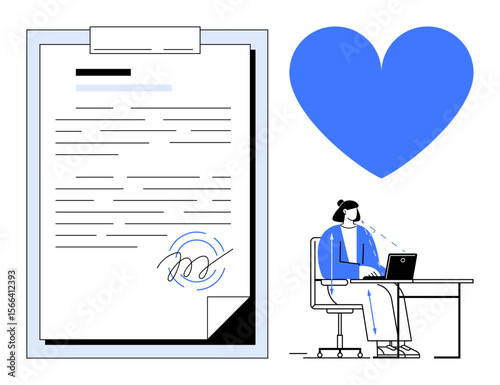 Large signed document beside a person at a desk working on a laptop under a blue heart. Ideal for remote work, legal agreements, digital workflow, online tools, contract management, e-signature