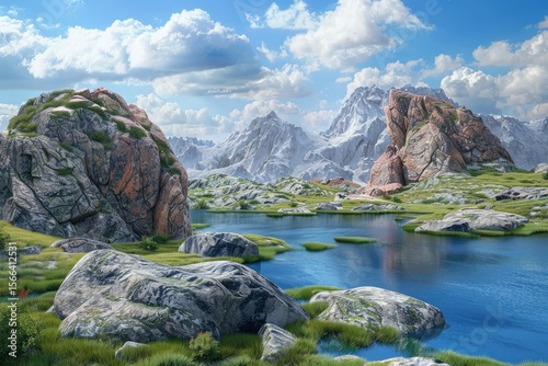 Rock Product Stage with Blue Grassland and Lakes, 3D RenderingHigh Detail, 8K