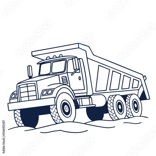 Dark blue outline dump truck on white background heavy equipment
