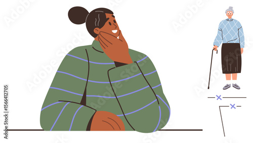 Young woman resting thoughtfully on hand while seated at desk. Features elderly figure with cane in background. Ideal for reflection, aging, empathy, caregiving, support, intergenerational