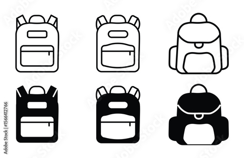 Backpack icons. line and black solid icons. school bag icon set. Backpack collection on white background
