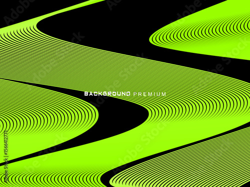 Background pattern of bright green neon stripes that curve and wavy dynamically on a black background, creating an effect of movement and modernity.