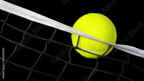 Bright yellow tennis ball is caught in the netting of a tennis net, showcasing the tension and dynamics of the game, with a dark background enhancing the vivid colors