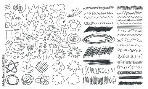 Hand drawn set of miscelanous doodles, vector illustration, background, line hand drawings, design elements, abstract scribbles, border, arrow, y2k color.