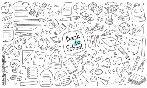 Hand drawn set of back to school doodles, vector pattern, background, line hand drawings, vector illustration, minimalist color.