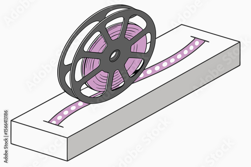 Film reel with purple tape and white dots on shelf