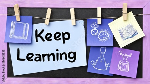 Colorful educational display featuring sticky notes with illustrations and motivational text, emphasizing the importance of continuous learning and personal growth in a creative environment
