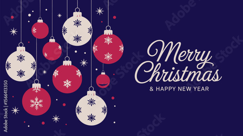 Minimalist Christmas Card – Navy Background with Hanging Snowflake Ornaments