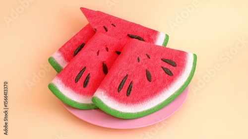 Colorful watermelon slices arranged on a pink plate against a soft peach background, showcasing vibrant colors and textures, perfect for summer-themed designs and food-related projects
