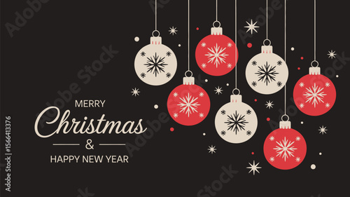 Modern Navy Christmas Card with Red & White Baubles and Snowflakes