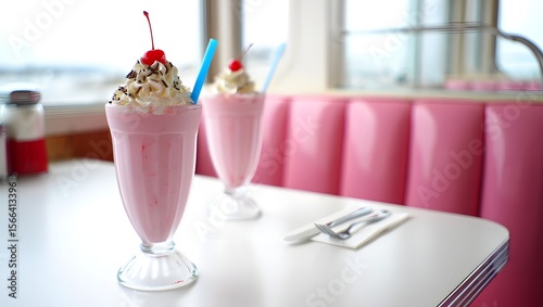 Delicious strawberry milkshake with whipped cream and cherry in retro diner setting