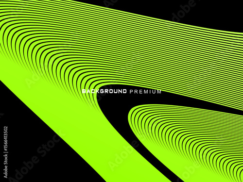 Background pattern of bright green neon stripes that curve and wavy dynamically on a black background, creating an effect of movement and modernity.