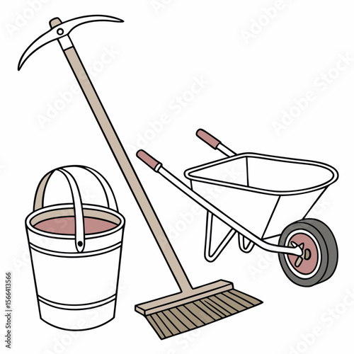 Garden tools pickaxe bucket broom wheelbarrow gardening