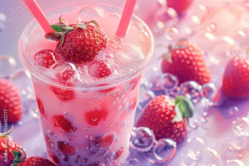 vibrant color visual of Bubble Tea Erdbeere mit Tapiokaperlen