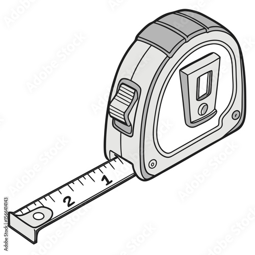 Gray tape measure with extended metal tape on white