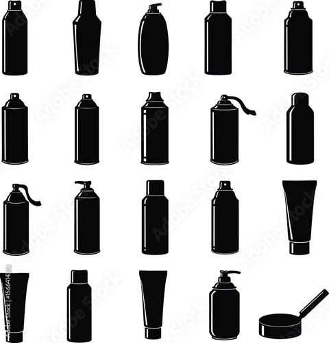 Shaving Cream Can and Bottle Silhouettes Vector Set, Diverse Cosmetic Product Packaging, Various Containers for Personal Care and Beauty Concepts.