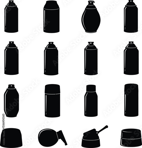 Shaving Cream Can and Bottle Silhouettes Vector Set, Diverse Cosmetic Product Packaging, Various Containers for Personal Care and Beauty Concepts.