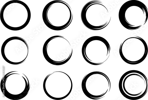 Grunge circle frame set, hand drawn ink border, abstract round template, brush stroke collection, vector