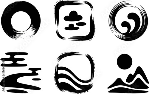Zen brush circle and landscape set, hand drawn ink, abstract mountain, wave, sun, vector collection