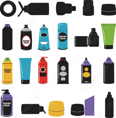 Shaving Cream Cans and Bottles Vector Illustration Set, Colorful Cosmetic Product Packaging, Diverse Containers for Personal Care and Beauty Concepts.