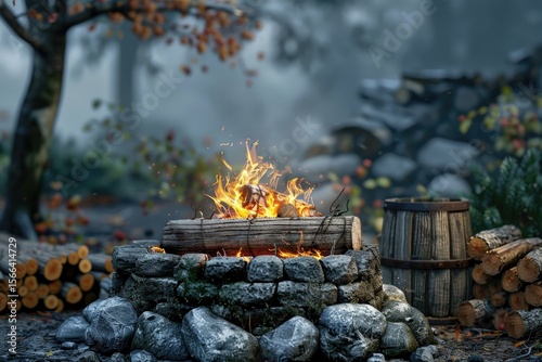 high definition visual of Feuerstelle mit Kaminofen und Holzkorb