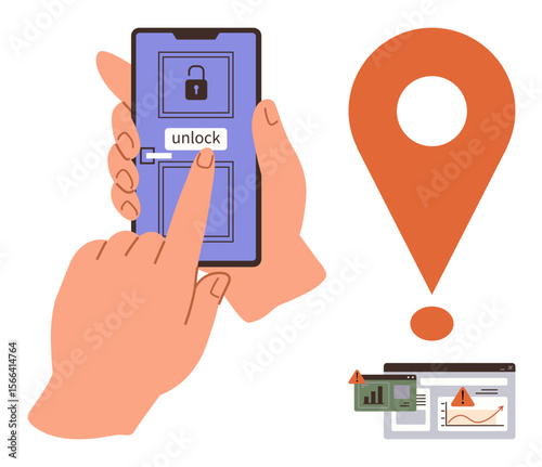 Hands using smartphone to unlock screen, large location pin exclamation mark, and warning-labeled dashboards. Ideal for cybersecurity, data protection, navigation, app design, online safety, alerts