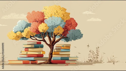 International literacy day concept with tree with books like leaves. Literacy, education, knowledge concept with color books on tree